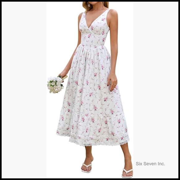 Dresses & Skirts - Floral Corset Midi Dress Lace V Neck A Line Sundress Wedding Guest